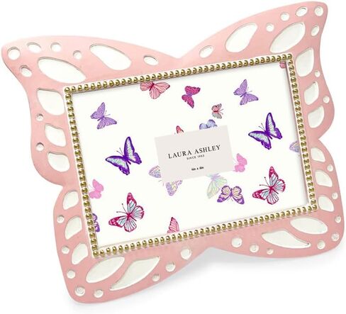 إطار صورة على شكل فراشة من الراتنج الوردي الأفقي مقاس 4x6 من Laura Ashley مع حواف منقطة، وإطار صورة مع حامل من القماش الأسود، مصنوع للعرض على سطح الطاولة والتعليق على الحائط (6x4، وردي) in Kuwait
