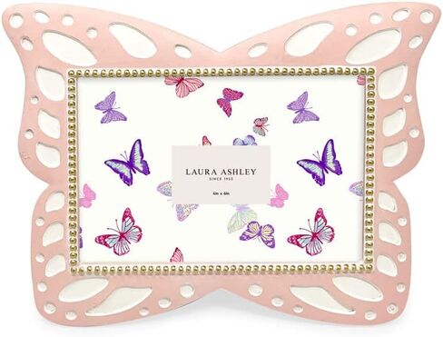 إطار صورة على شكل فراشة من الراتنج الوردي الأفقي مقاس 4x6 من Laura Ashley مع حواف منقطة، وإطار صورة مع حامل من القماش الأسود، مصنوع للعرض على سطح الطاولة والتعليق على الحائط (6x4، وردي) in Kuwait