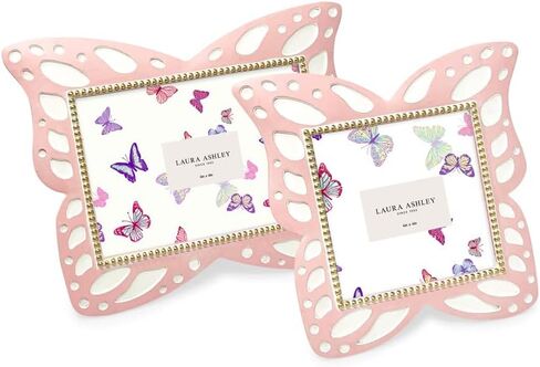 إطار صورة على شكل فراشة من الراتنج الوردي الأفقي مقاس 4x6 من Laura Ashley مع حواف منقطة، وإطار صورة مع حامل من القماش الأسود، مصنوع للعرض على سطح الطاولة والتعليق على الحائط (6x4، وردي) in Kuwait