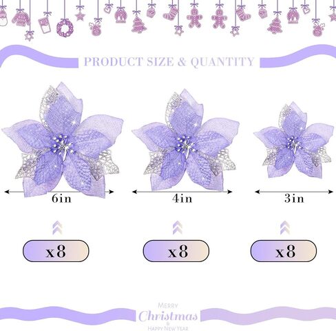 Boao 24 Pieces Christmas Artificial Glitter Poinsettia Flowers Xmas Flowers Wedding Christmas Tree New Year Ornaments(Purple) in Saudi Arabia