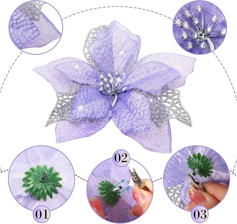 Boao 24 Pieces Christmas Artificial Glitter Poinsettia Flowers Xmas Flowers Wedding Christmas Tree New Year Ornaments(Purple) in Saudi Arabia