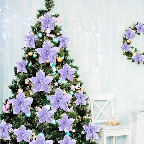 Boao 24 Pieces Christmas Artificial Glitter Poinsettia Flowers Xmas Flowers Wedding Christmas Tree New Year Ornaments(Purple) in Saudi Arabia