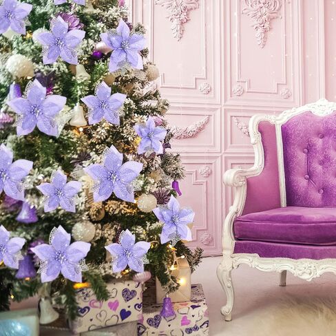 Boao 24 Pieces Christmas Artificial Glitter Poinsettia Flowers Xmas Flowers Wedding Christmas Tree New Year Ornaments(Purple) in Saudi Arabia