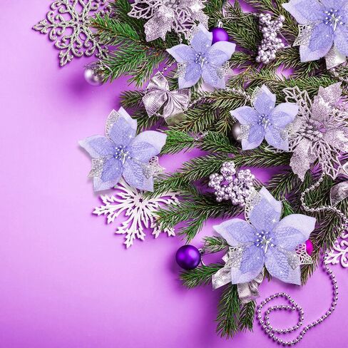 Boao 24 Pieces Christmas Artificial Glitter Poinsettia Flowers Xmas Flowers Wedding Christmas Tree New Year Ornaments(Purple) in Saudi Arabia