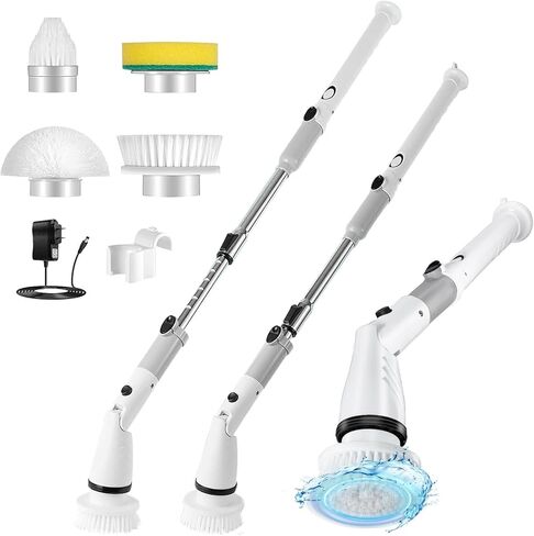 SaniteModar Electric Spin Scrubber، 4 رؤوس بديلة لغسيل الدش اللاسلكي، فرشاة تنظيف الدش مع ذراع تمديد للحمام، حوض الاستحمام، البلاط، الأرضية in Saudi Arabia