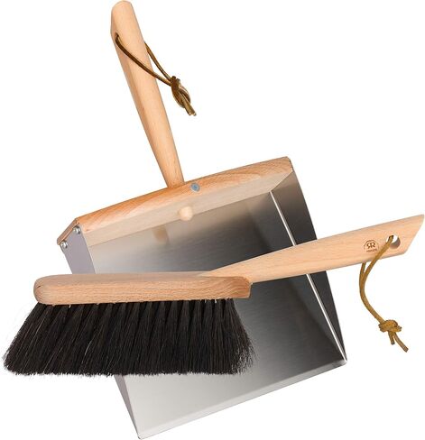 REDECKER Arenga Fiber Hand Brush and Dust Pan Set, Heavy Duty Broom and Dustpan Combo for Home and Outdoor, Oiled Beechwood Handles, Stainless Steel Dust Pan, Made in Germany, 14-1/8-Inches in Saudi Arabia