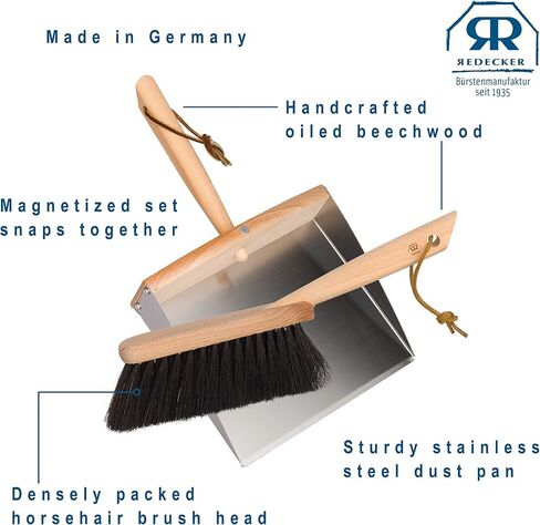 REDECKER Arenga Fiber Hand Brush and Dust Pan Set, Heavy Duty Broom and Dustpan Combo for Home and Outdoor, Oiled Beechwood Handles, Stainless Steel Dust Pan, Made in Germany, 14-1/8-Inches in Saudi Arabia