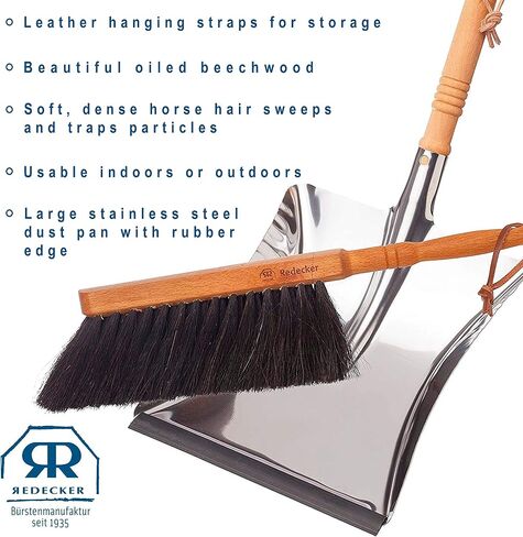 REDECKER Arenga Fiber Hand Brush and Dust Pan Set, Heavy Duty Broom and Dustpan Combo for Home and Outdoor, Oiled Beechwood Handles, Stainless Steel Dust Pan, Made in Germany, 14-1/8-Inches in Saudi Arabia