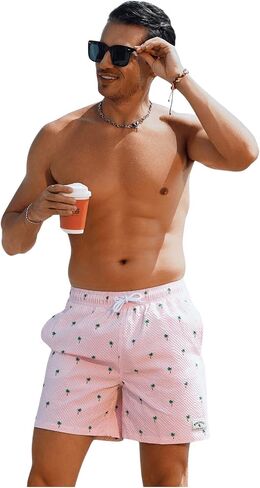 GORGLITTER Men's Letter Patched Tree Print Beach Shorts Drawstring Waist Swim Trunks in Saudi Arabia