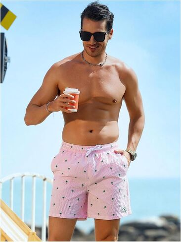 GORGLITTER Men's Letter Patched Tree Print Beach Shorts Drawstring Waist Swim Trunks in Saudi Arabia