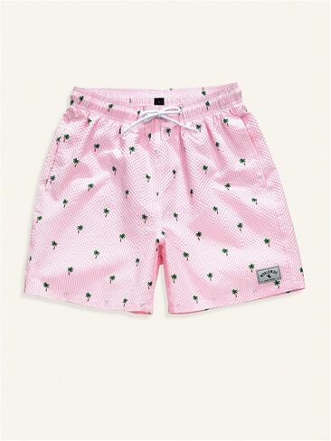GORGLITTER Men's Letter Patched Tree Print Beach Shorts Drawstring Waist Swim Trunks in Saudi Arabia