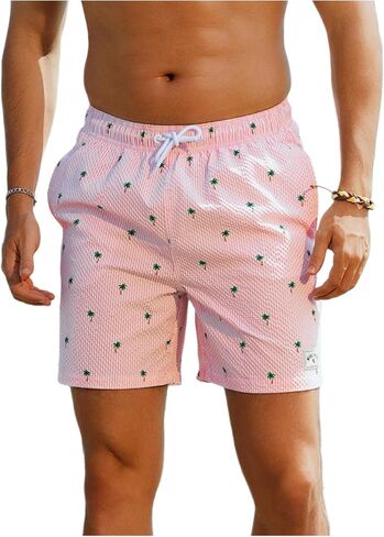 GORGLITTER Men's Letter Patched Tree Print Beach Shorts Drawstring Waist Swim Trunks in Saudi Arabia