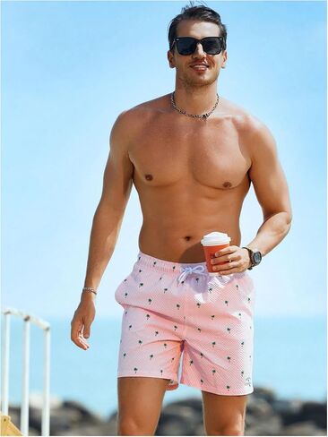 GORGLITTER Men's Letter Patched Tree Print Beach Shorts Drawstring Waist Swim Trunks in Saudi Arabia