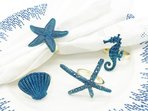 حلقات منديل معدنية من Fennco Styles Coastal Sea Creatures، مجموعة من 4 - حوامل مناديل بحرية زرقاء لديكور المنزل، وطاولة الطعام، والولائم، والتجمعات العائلية والمناسبات الخاصة (خاتم فضي) in Kuwait