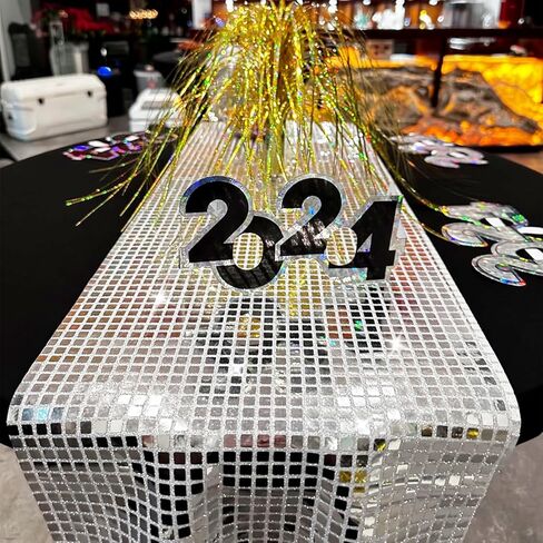 12 x 108 Inches Disco Party Table Runners Glitter Table Runner Cover Decoration Silver Sparkle Sequin Tablecloth for 80s Disco Dance Party Bachelorette Supplies Dance Wedding Decor (Disco Silver, 1) in Saudi Arabia