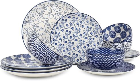Selamica Ceramic 12-Pieces Dinnerware Sets, Ceramic Dish Plates and Bowls Sets, Service for 4, Dinner Salad Dessert Plates, and Cereal Bowls Set,Vintage Blue in Saudi Arabia