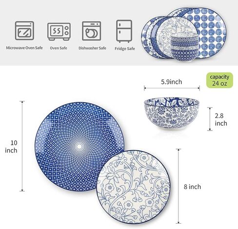 Selamica Ceramic 12-Pieces Dinnerware Sets, Ceramic Dish Plates and Bowls Sets, Service for 4, Dinner Salad Dessert Plates, and Cereal Bowls Set,Vintage Blue in Saudi Arabia