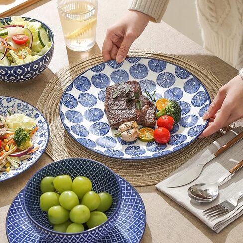 Selamica Ceramic 12-Pieces Dinnerware Sets, Ceramic Dish Plates and Bowls Sets, Service for 4, Dinner Salad Dessert Plates, and Cereal Bowls Set,Vintage Blue in Saudi Arabia