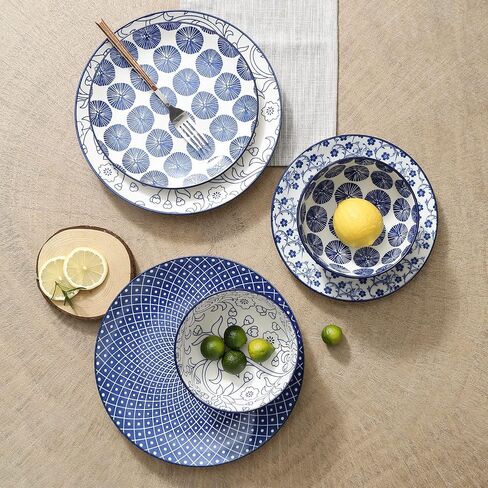 Selamica Ceramic 12-Pieces Dinnerware Sets, Ceramic Dish Plates and Bowls Sets, Service for 4, Dinner Salad Dessert Plates, and Cereal Bowls Set,Vintage Blue in Saudi Arabia