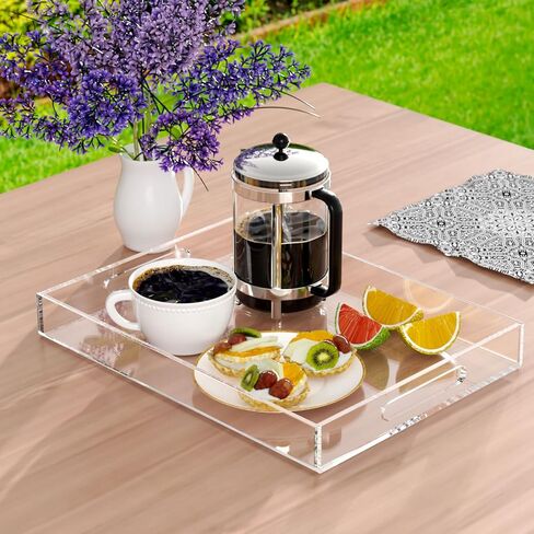 NIUBEE Acrylic Serving Tray 12x12 Inches -Spill Proof- Decorative Tray Organiser for Ottoman Coffee Table Countertop with Handles - Black in Saudi Arabia