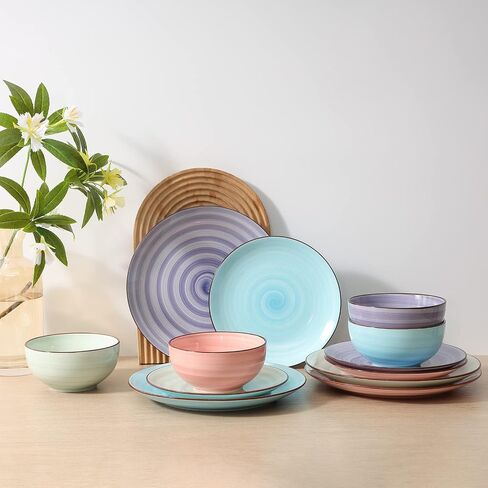 Selamica Ceramic 12-Pieces Dinnerware Sets, Ceramic Dish Plates and Bowls Sets, Service for 4, Dinner Salad Dessert Plates, and Cereal Bowls Set,Vintage Blue in Saudi Arabia