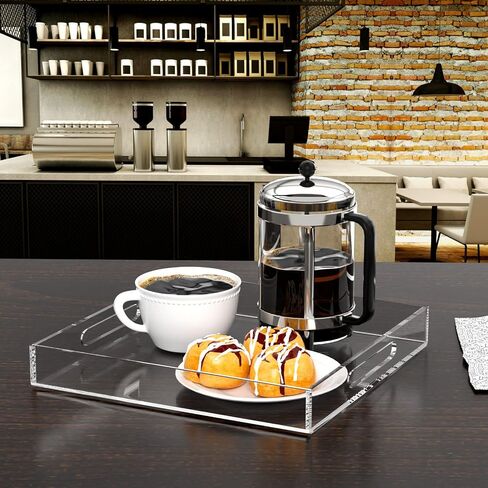NIUBEE Acrylic Serving Tray 12x12 Inches -Spill Proof- Decorative Tray Organiser for Ottoman Coffee Table Countertop with Handles - Black in Saudi Arabia