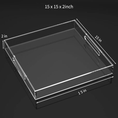 NIUBEE Acrylic Serving Tray 12x12 Inches -Spill Proof- Decorative Tray Organiser for Ottoman Coffee Table Countertop with Handles - Black in Saudi Arabia