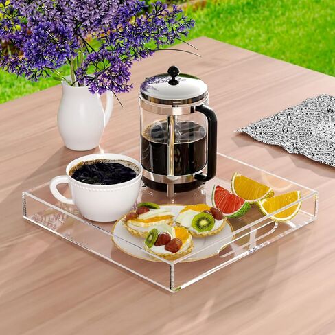 NIUBEE Acrylic Serving Tray 12x12 Inches -Spill Proof- Decorative Tray Organiser for Ottoman Coffee Table Countertop with Handles - Black in Saudi Arabia