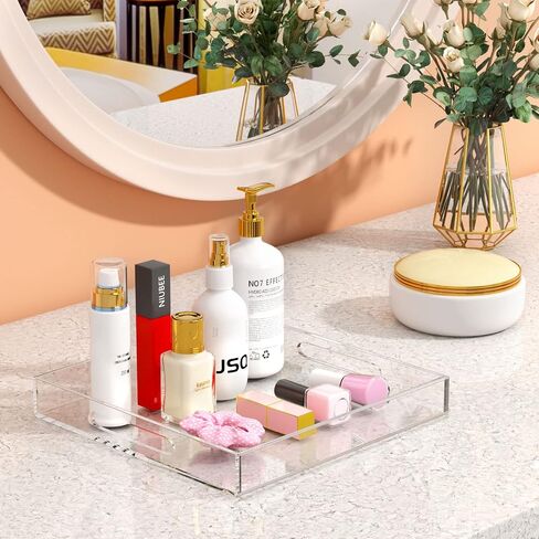 NIUBEE Acrylic Serving Tray 12x12 Inches -Spill Proof- Decorative Tray Organiser for Ottoman Coffee Table Countertop with Handles - Black in Saudi Arabia