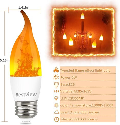 Bestview LED Flame Effect Light Bulbs,3 Modes Smart E26 Chandelier Base Flickering Candle Fire Light Bulb for Halloween, Christmas, Party, Porch, Indoor&Outdoor Home Decoration (6 Pack) in Saudi Arabia