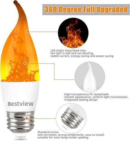 Bestview LED Flame Effect Light Bulbs,3 Modes Smart E26 Chandelier Base Flickering Candle Fire Light Bulb for Halloween, Christmas, Party, Porch, Indoor&Outdoor Home Decoration (6 Pack) in Saudi Arabia