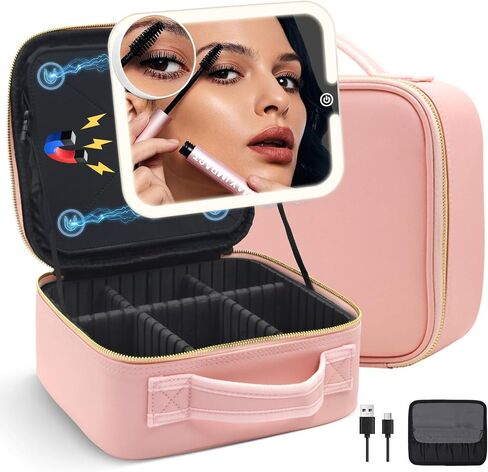 Travel Makeup Bag Cosmetic Organizer Bag with Magnetic Detachable Mirror, Makeup Bag with LED Mirror 360° Angle, PU Leather Make up Bag Organizer Portable Lighted Makeup Case with Adjustable Dividers in Saudi Arabia