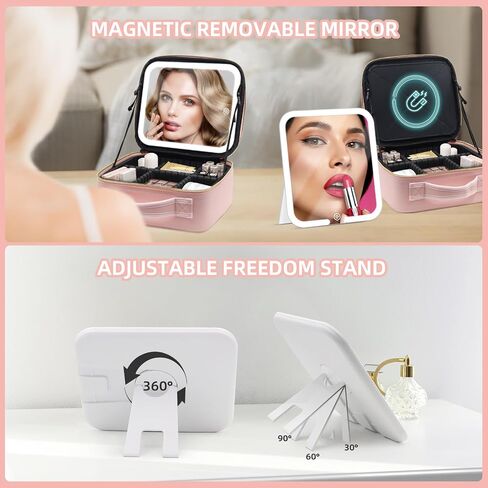 Travel Makeup Bag Cosmetic Organizer Bag with Magnetic Detachable Mirror, Makeup Bag with LED Mirror 360° Angle, PU Leather Make up Bag Organizer Portable Lighted Makeup Case with Adjustable Dividers in Saudi Arabia