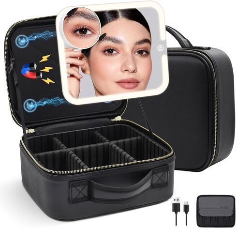 Travel Makeup Bag Cosmetic Organizer Bag with Magnetic Detachable Mirror, Makeup Bag with LED Mirror 360° Angle, PU Leather Make up Bag Organizer Portable Lighted Makeup Case with Adjustable Dividers in Saudi Arabia