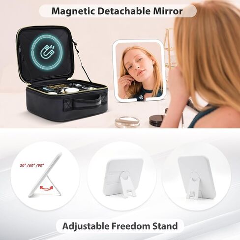 Travel Makeup Bag Cosmetic Organizer Bag with Magnetic Detachable Mirror, Makeup Bag with LED Mirror 360° Angle, PU Leather Make up Bag Organizer Portable Lighted Makeup Case with Adjustable Dividers in Saudi Arabia