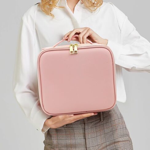 Travel Makeup Bag Cosmetic Organizer Bag with Magnetic Detachable Mirror, Makeup Bag with LED Mirror 360° Angle, PU Leather Make up Bag Organizer Portable Lighted Makeup Case with Adjustable Dividers in Saudi Arabia