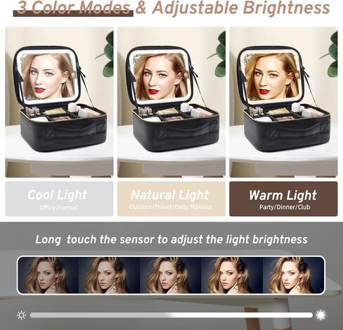 Travel Makeup Bag Cosmetic Organizer Bag with Magnetic Detachable Mirror, Makeup Bag with LED Mirror 360° Angle, PU Leather Make up Bag Organizer Portable Lighted Makeup Case with Adjustable Dividers in Saudi Arabia