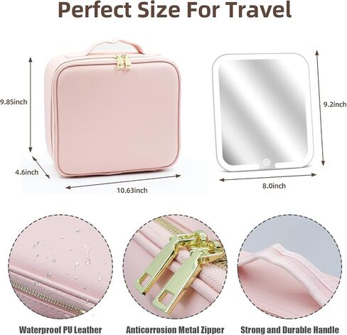 Travel Makeup Bag Cosmetic Organizer Bag with Magnetic Detachable Mirror, Makeup Bag with LED Mirror 360° Angle, PU Leather Make up Bag Organizer Portable Lighted Makeup Case with Adjustable Dividers in Saudi Arabia