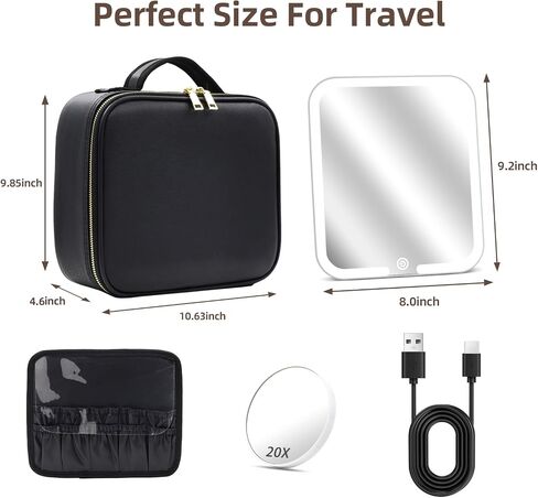 Travel Makeup Bag Cosmetic Organizer Bag with Magnetic Detachable Mirror, Makeup Bag with LED Mirror 360° Angle, PU Leather Make up Bag Organizer Portable Lighted Makeup Case with Adjustable Dividers in Saudi Arabia