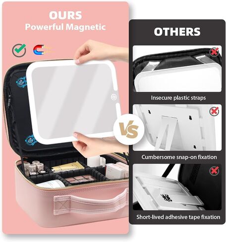 Travel Makeup Bag Cosmetic Organizer Bag with Magnetic Detachable Mirror, Makeup Bag with LED Mirror 360° Angle, PU Leather Make up Bag Organizer Portable Lighted Makeup Case with Adjustable Dividers in Saudi Arabia