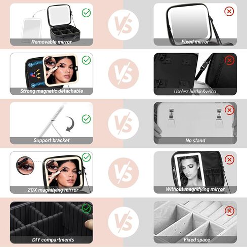 Travel Makeup Bag Cosmetic Organizer Bag with Magnetic Detachable Mirror, Makeup Bag with LED Mirror 360° Angle, PU Leather Make up Bag Organizer Portable Lighted Makeup Case with Adjustable Dividers in Saudi Arabia