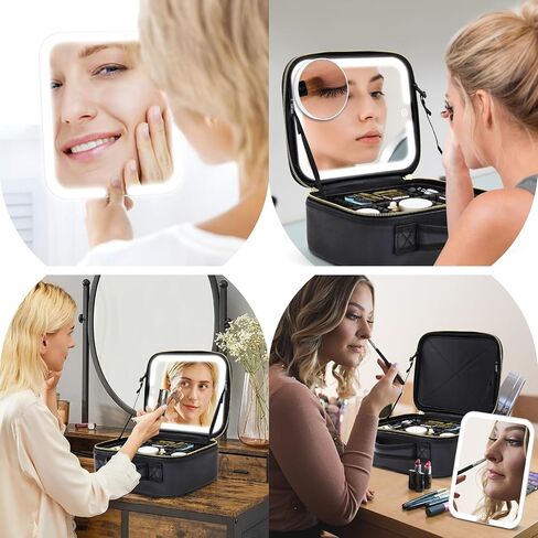 Travel Makeup Bag Cosmetic Organizer Bag with Magnetic Detachable Mirror, Makeup Bag with LED Mirror 360° Angle, PU Leather Make up Bag Organizer Portable Lighted Makeup Case with Adjustable Dividers in Saudi Arabia