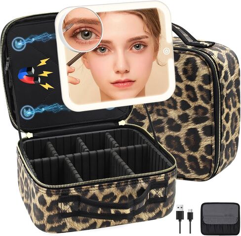 Travel Makeup Bag Cosmetic Organizer Bag with Magnetic Detachable Mirror, Makeup Bag with LED Mirror 360° Angle, PU Leather Make up Bag Organizer Portable Lighted Makeup Case with Adjustable Dividers in Saudi Arabia
