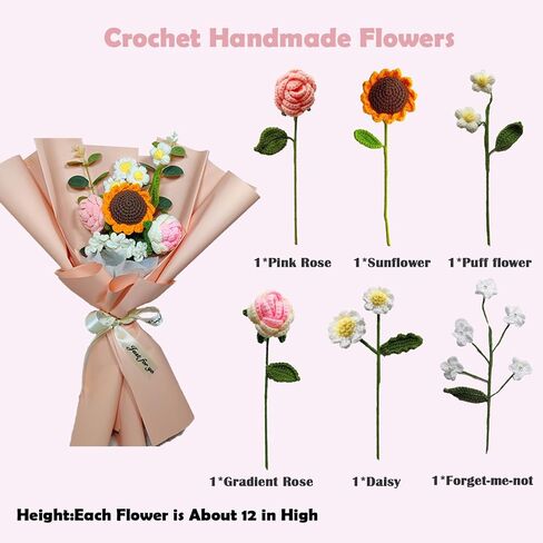 Crochet Handmade Rose Artificial Flowers, Pink Crochet Flowers Bouquet Knitted, Crochet Bouquet for Mother's Day, Birthday Wedding Teacher’Day Gift and Home Decor in Saudi Arabia