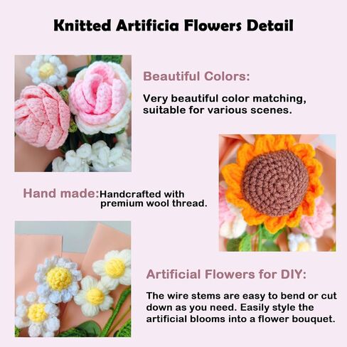 Crochet Handmade Rose Artificial Flowers, Pink Crochet Flowers Bouquet Knitted, Crochet Bouquet for Mother's Day, Birthday Wedding Teacher’Day Gift and Home Decor in Saudi Arabia