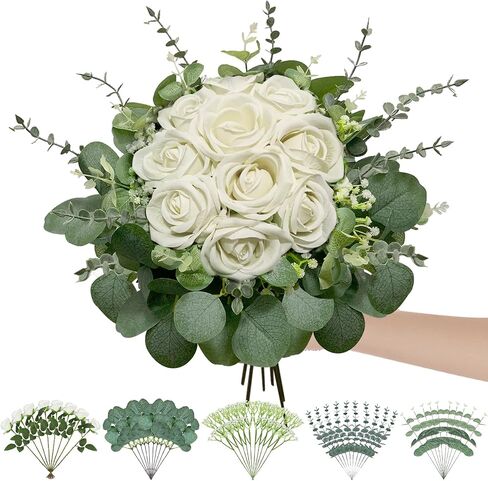 5 Kinds MixedArtificial Eucalyptus Stems and Faux Flowers,Fake Silver Dollar Eucalyptus Leaves Stems Bulk Real Touch Leaf Branches for DIY Bouquets Floral Arrangement Wedding Home Decor 50 Pcs in Saudi Arabia