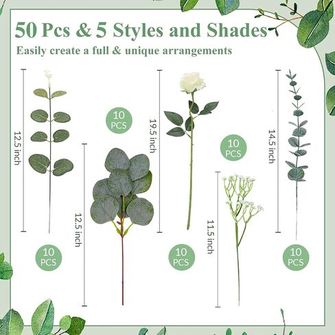 5 Kinds MixedArtificial Eucalyptus Stems and Faux Flowers,Fake Silver Dollar Eucalyptus Leaves Stems Bulk Real Touch Leaf Branches for DIY Bouquets Floral Arrangement Wedding Home Decor 50 Pcs in Saudi Arabia