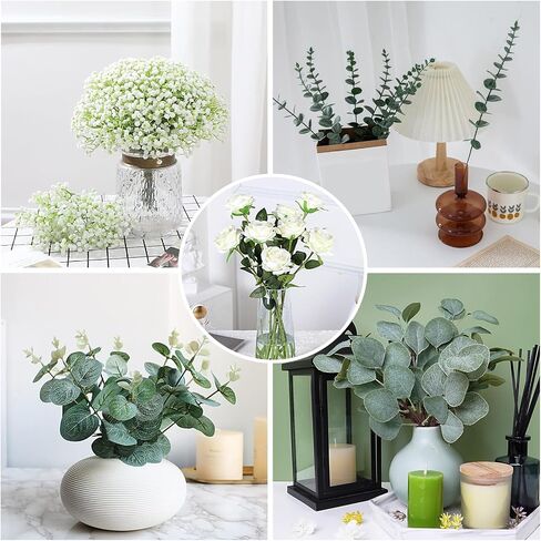 5 Kinds MixedArtificial Eucalyptus Stems and Faux Flowers,Fake Silver Dollar Eucalyptus Leaves Stems Bulk Real Touch Leaf Branches for DIY Bouquets Floral Arrangement Wedding Home Decor 50 Pcs in Saudi Arabia