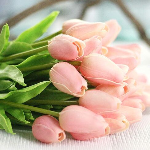 AMZALI Artificial Flowers Real Touch Mini PU Tulips Bouquet Fake Tulips Flowers Arrangement Artificial Plants for Wedding Centerpiece Room Home Hotel Party Event Christmas Decor Cream White Set of 30 in Kuwait