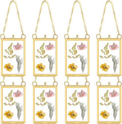 Reginary 8 Pcs 2 x 3 Inch Glass Frame for Pressed Flowers Mini Brass Hanging Photo Picture Frame Floating Glass Frame with Chain for Artwork Art Specimen Wall Plant DIY Gallery Decor (Gold) in Saudi Arabia